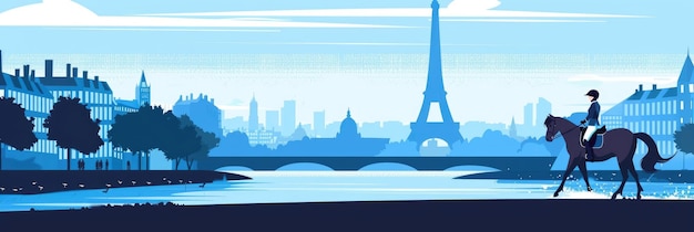 Foto flache illustration die olympischen sommerspiele in paris reitsport ein mädchen reitet auf einem pferd auf dem hintergrund des eiffelturms und ein panorama der sehenswürdigkeiten von paris nacht und dämmerung