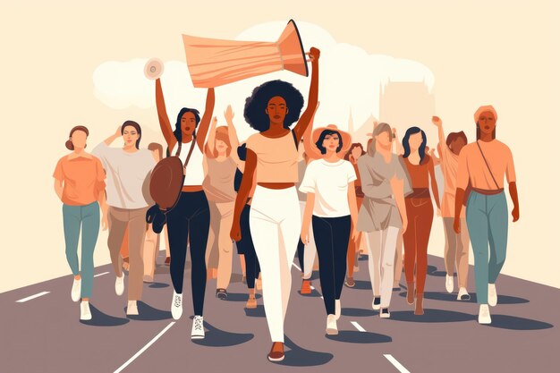 flache Illustration einer Gruppe von weiblichen Demonstranten, Menschenmenge mit leeren Banner, demonstrierende Aktivisten, die leere Schilder demonstrieren, Konzept des öffentlichen Straßenprotests