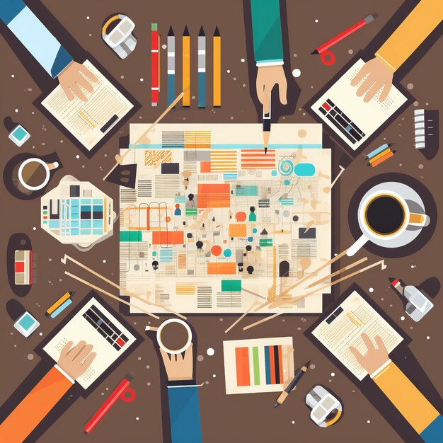 Flache Illustration eines Geschäftsplans auf Papier, umgeben von Händen in neutralen Farben