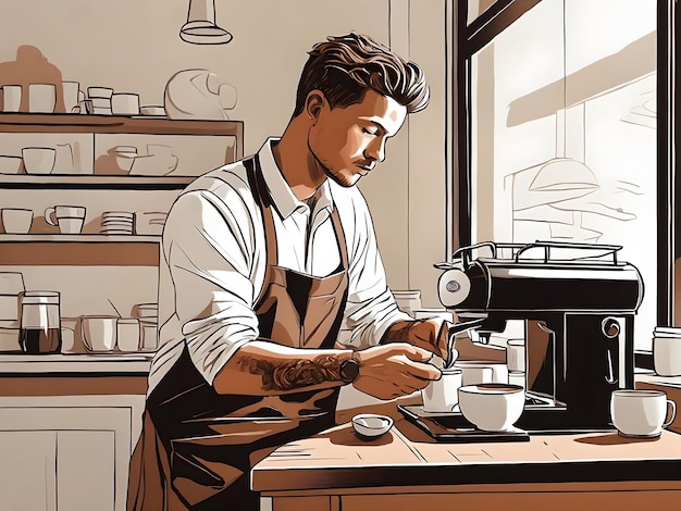 Flache Illustration eines männlichen Barista, der Kaffee kocht