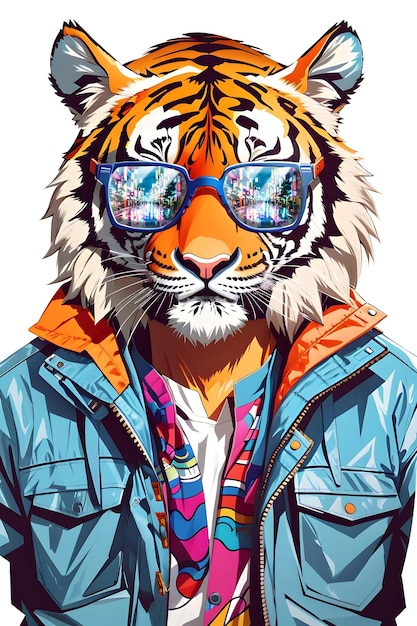 Flache Illustration eines Tigers mit reflektierender Brille und Jacke, isoliertes T-Shirt-Grafikdesign