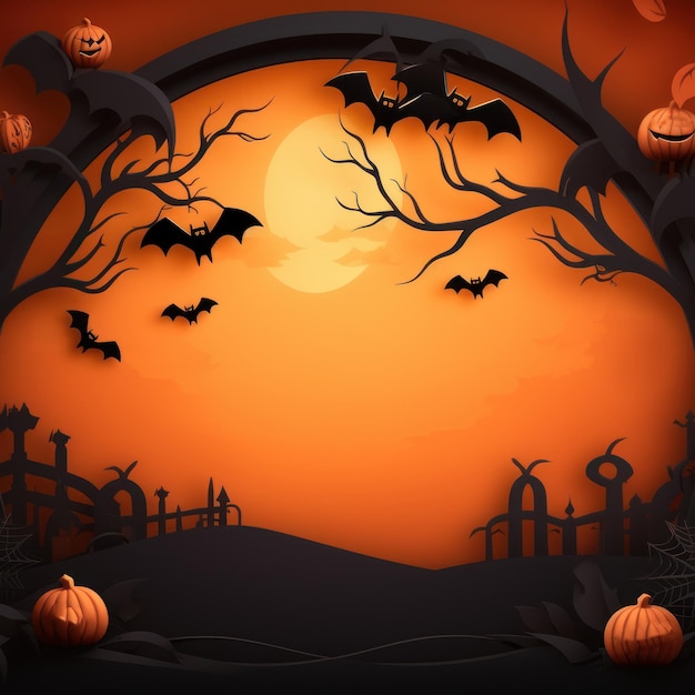 Flache Illustration Halloween-Banner oder Party-Einladungshintergrund Vollmond in orangefarbenen Himmelsspinnen