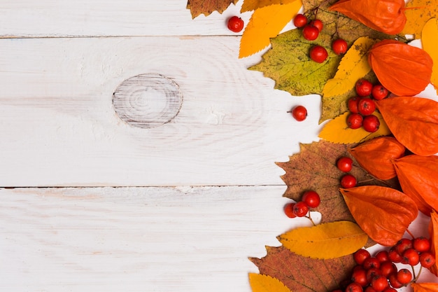 Flache Lage der Herbstkomposition auf weißem hölzernem Hintergrund mit Kopienraum, Draufsicht. Nahansicht