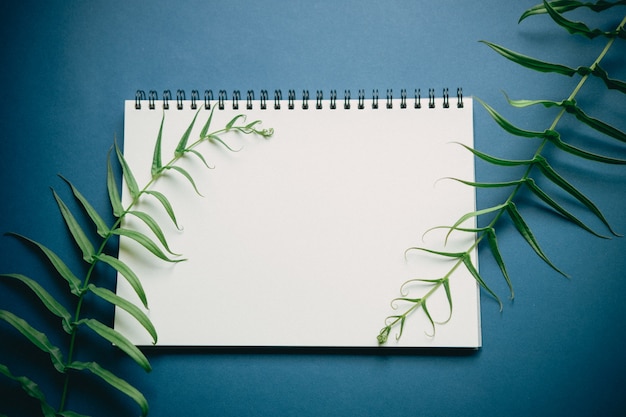 Foto flache lage des schreibtischs des minimalen arbeitsplatzes mit notizbuch und grünpflanze, auf tiefem blauem ton