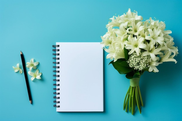 Flache Lage mit Blüte mit Kaffeetasse und offenem Notizbuch im rustikalen Hintergrund