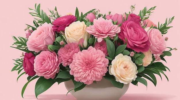 Flache Lage wunderschöner Blumenarrangements, Kopienraum, rosa Hintergrund