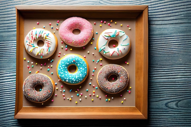 Flache Sicht auf viele gefrostete Donuts mit Bonbonstreuseln, die in einem Rahmen auf einem Holztisch angeordnet sind