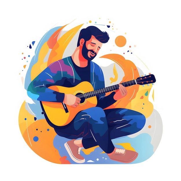 Flache Vektorillustration eines Mannes mit Gitarre, glückliche Farben, Bluesmusik, weißer Hintergrund