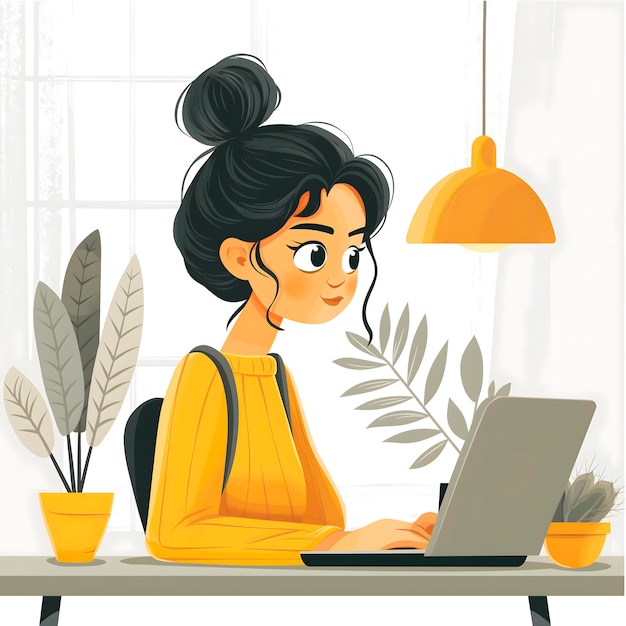 Flache Vektorillustration eines Porträts einer jungen Frau mit einem Laptop an ihrem Schreibtisch mit Blumen in Blumentöpfen Perfekt für Webdesign, Geschäftsgrafiken und Bildungsmaterialien
