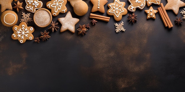 flache Weihnachtskomposition mit Pfefferkuchen auf einem dunklen Hintergrund mit Platz für Text