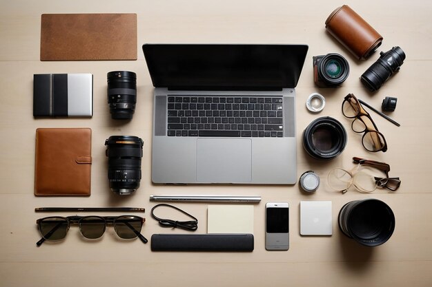 Flacher Arbeitsplatz mit Kopierplatz und Laptop