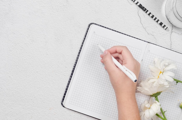 Flacher Arbeitsplatz mit leerem Notizbuch, Stift in der Hand einer Frau, Gänseblümchen, Vorlage, Layout, Modell, Arbeit von zu Hause oder Blogging-Konzept, Social Media posten