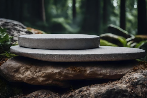 Flacher Podiumshintergrund aus silbernem Stein mit hyperrealistischen Materialien aus Stein im Wald