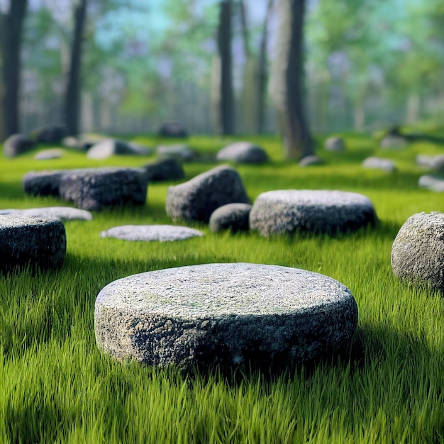 Flacher runder Steinsockel auf dem Gras realistischer 3D-Illustrationswald auf dem leeren Produktpodium der Hintergrundlandschaft in der natürlichen Umgebung grüne Bäume um weiches Tageslicht