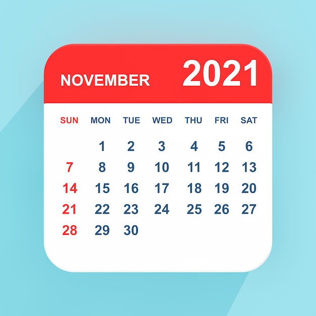 Flacher Symbolkalender November 2021 auf blauem Hintergrund. 3D-Rendering