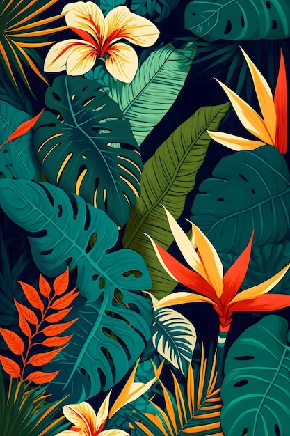 Flaches buntes Design der Dschungelblumensatzmuster-Illustration modische Blätter