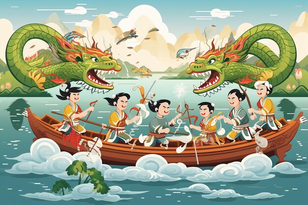 Flaches Design Poster des Dragon Boat Festivals mit Festival-Highlights