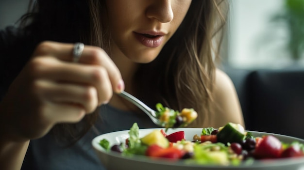 Foto flaches detail einer frau, die salat isst. gesundes essen, gesundes leben, diätkalorien. erstellt mit ki