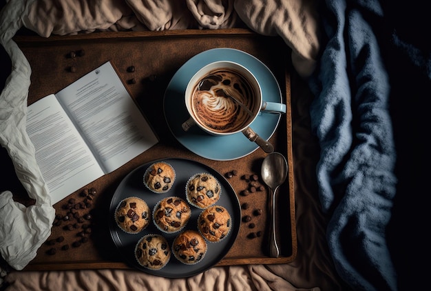 Flaches Foto zeigt eine Tasse Kaffee und Muffins im Bett