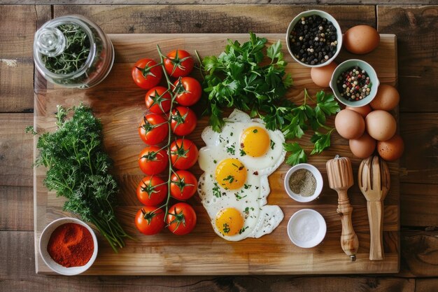 flaches Frühstück mit gekochten Eiern gebratenen Eiern Tomaten Kräutern und Gewürzen