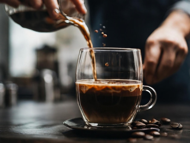 Flachfokusfotografie einer Person, die Kaffee auf einen klaren Glasbecher gießt