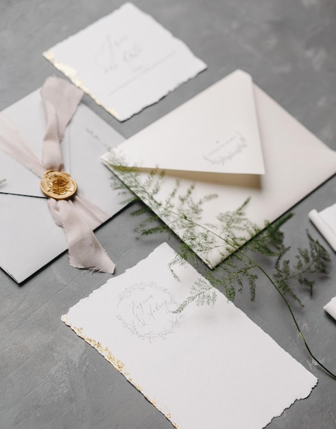 Flachlag von minimalistischen Hochzeits-Einladung Details Briefe Pflanze