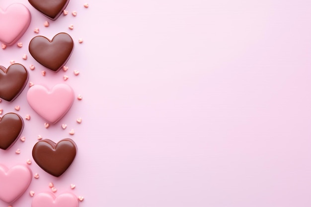 Flachlag von rosa herzförmigen Schokoladensüßigkeiten mit Kopierplatz