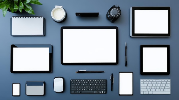 Flachlag von verschiedenen digitalen Geräten und Büroartikeln auf einer grauen Oberfläche