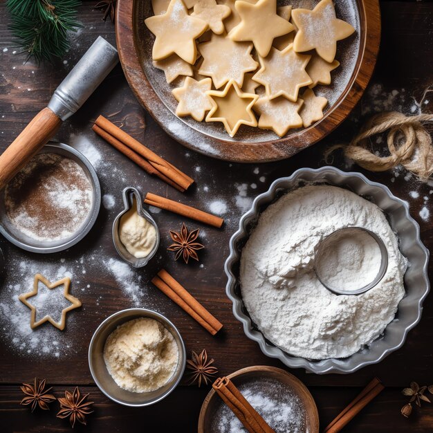 Foto flachlage von hausgemachten weihnachtsbäckzutaten oder lebkuchen, die auf den tisch gelegt werden