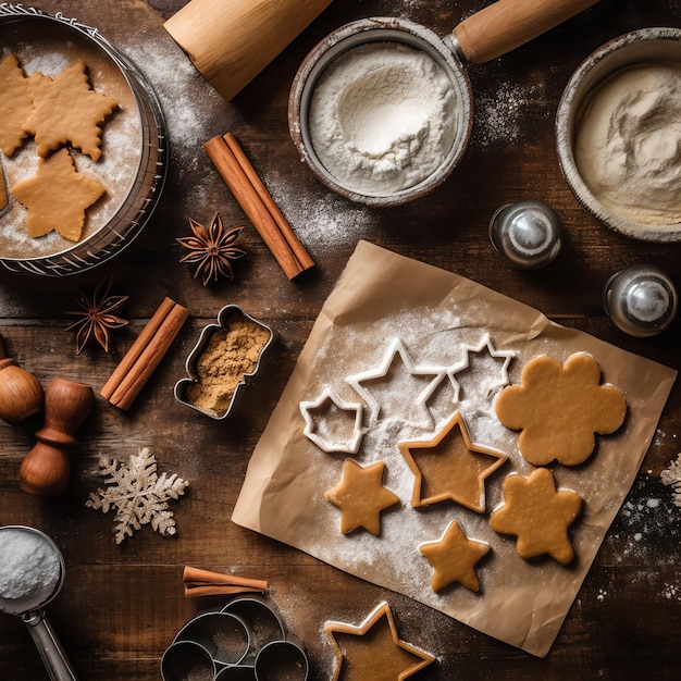 Foto flachlage von hausgemachten weihnachtsbäckzutaten oder lebkuchen, die auf den tisch gelegt werden