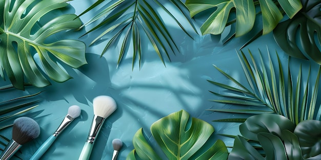 Flachlagekomposition mit Kosmetikprodukten und tropischen Blättern auf farbigem Hintergrund Ai