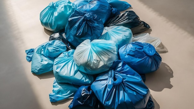 Foto flachlagige anordnung von blauen plastiktüten