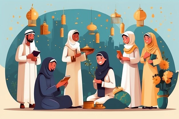 Flachmenschen feiern Eid al-Adha Illustration