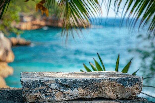 Flachstein mit leerem Raum für die Produktplatzierung im tropischen Sommer-Meer-Hintergrund