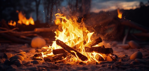 Flackernde Flammen im Hintergrund eines Lagerfeuers. Generative KI