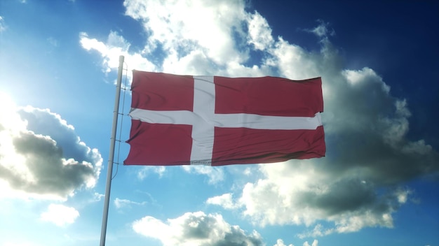 Flagge Dänemarks weht im Wind gegen den schönen blauen Himmel 3D-Darstellung