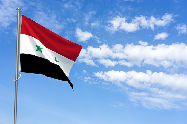 Flagge der Arabischen Republik Syrien über blauem Himmelshintergrund 3D-Darstellung