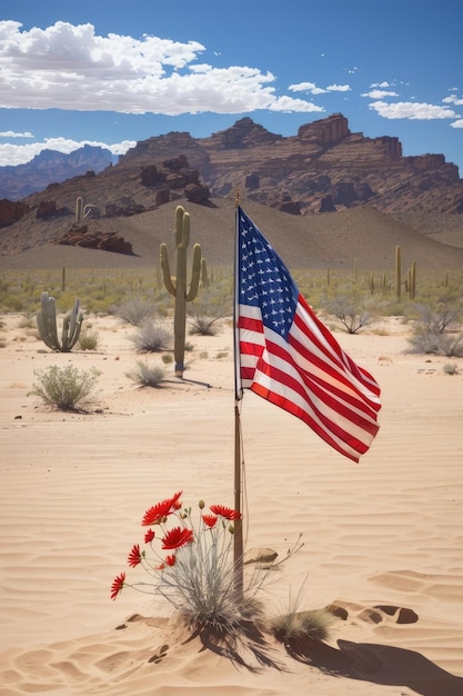 Flagge der Freiheit, entschlossener Patriotismus inmitten der Sonora-Wüste