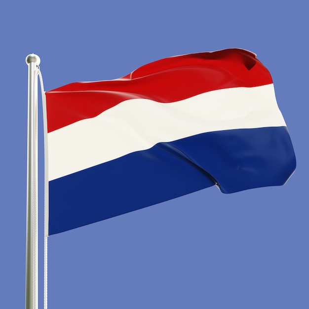 Flagge der Niederlande am Fahnenmast weht im Wind isoliert auf blauem Himmelshintergrund