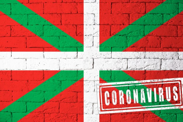 Flagge der Regionen oder Gemeinschaften von Spanien Baskenland ursprüngliche Proportionen. gestempelt mit Coronavirus. Mauer Textur. Konzept des Corona-Virus. Am Rande einer COVID-19- oder 2019-nCoV-Pandemie.