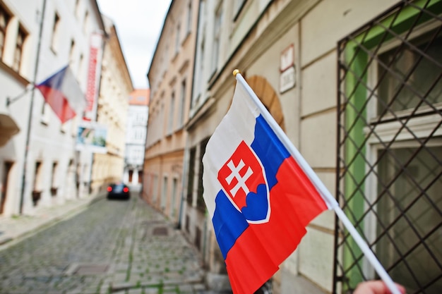 Flagge der Slowakei in der Hand gegen die Straße von Bratislava