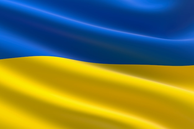 Flagge der Ukraine. 3D-Darstellung des ukrainischen Fahnenschwingens.