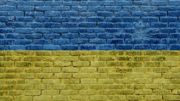 Flagge der Ukraine auf Backsteinmauer Hintergrund auf der Stadtstraße Äußere alte Steinziegel Textur mit ukrainischem Banner Konzept der internationalen diplomatischen Beziehungen