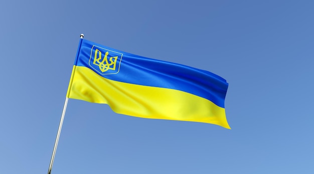 Flagge der Ukraine auf blauem Hintergrund Blaue und gelbe ukrainische Flagge mit Wappen Staatliche Symbole der Ukraine Dreizack Die Flagge flattert im Wind 3D-Darstellung