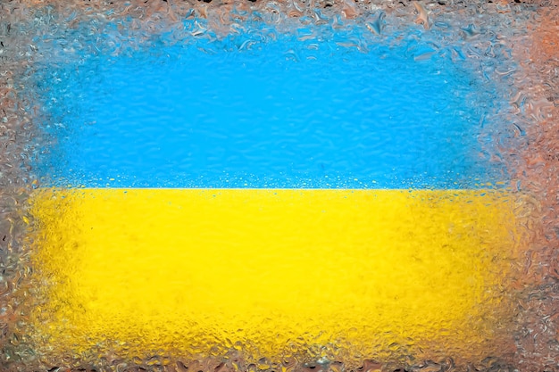 Flagge der Ukraine Flagge der Ukraine auf dem Hintergrund von Wassertropfen Flagge mit Regentropfen Spritzer auf Glas