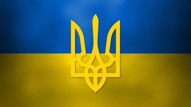 Flagge der unabhängigen Ukraine mit Trident-Emblem