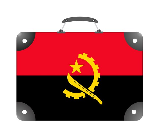 Flagge des Landes Angola in Form eines Reisekoffers auf weißem Hintergrund