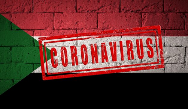 Flagge des Sudan auf Backsteinmauerbeschaffenheit. gestempelt mit Coronavirus. Konzept des Corona-Virus. Am Rande einer COVID-19- oder 2019-nCoV-Pandemie. Neuartiger chinesischer Coronavirus-Ausbruch