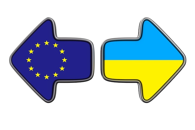 Flagge EU und Ukraine auf weißer Oberfläche. Isolierte 3D-Illustration.