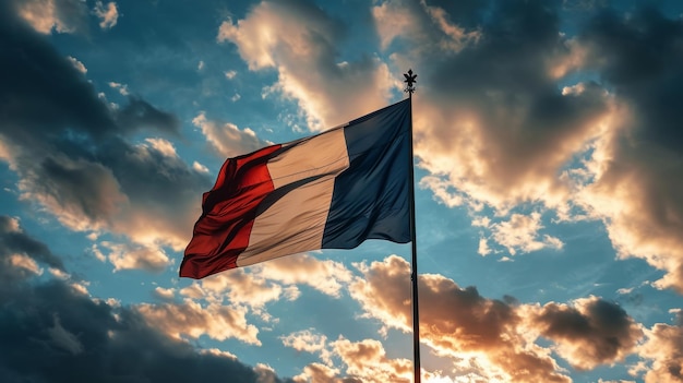 Flagge Frankreichs Französische Trikolore gegen einen blauen Himmel